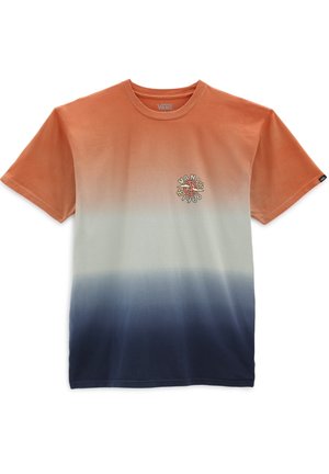 T-shirt Vans à manches courtes avec un dégradé orange, blanc et marine, arborant un petit signe de paix et un logo floral avec le texte "Vans 1966" sur la poitrine.