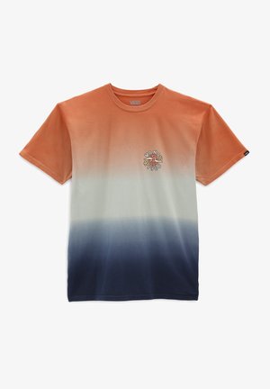 T-shirt Vans à manches courtes avec un dégradé orange, blanc et marine, arborant un petit signe de paix et un logo floral avec le texte "Vans 1966" sur la poitrine.