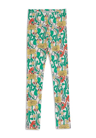 Leggings pour enfants en longueur complète avec des motifs floraux et de feuilles colorés en vert, jaune, orange et violet sur un fond blanc.