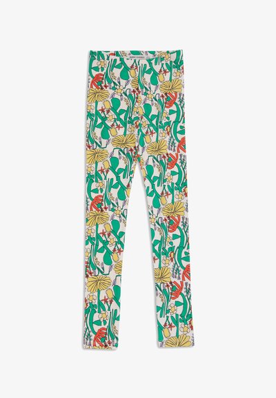 Leggings pour enfants en longueur complète avec des motifs floraux et de feuilles colorés en vert, jaune, orange et violet sur un fond blanc.
