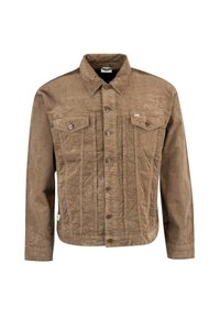 Chaqueta de pana marrón, con botonera frontal, dos bolsillos en el pecho, textura sutil, cuello y mangas largas. Detalles de costura acentuados.