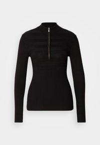 Schwarzer gerippter Strickpullover mit hohem Kragen und halbseitigem Reißverschluss. Verfügt über horizontale Streifenmuster über der Brust und langen Ärmeln.