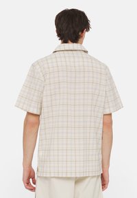 Un uomo che indossa una camicia a maniche corte beige a quadri e pantaloni chiari, mostrato di spalle su uno sfondo bianco.