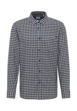 Tengerészkék és krémszínű kockás, hosszú ujjú ing, gombos gallérral, egyetlen mellzsebbe, textúrált anyaggal és klasszikus szabással.