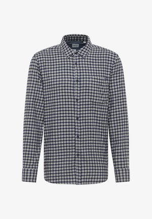 Tengerészkék és krémszínű kockás, hosszú ujjú ing, gombos gallérral, egyetlen mellzsebbe, textúrált anyaggal és klasszikus szabással.