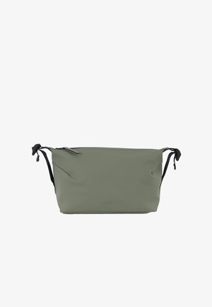 Borsa a tracolla rettangolare verde oliva con cinturini neri regolabili e chiusura con zip, design minimalista con logo discreto del marchio.