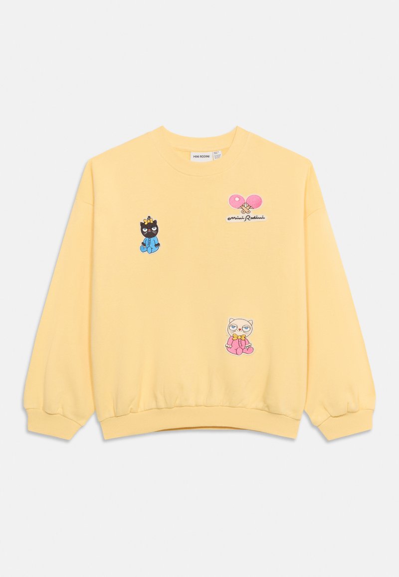 Felpa gialla con gatti dei cartoni ricamati e racchette da ping pong rosa, con scritta "mini rodini" sul davanti.