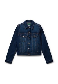 Denimová bunda v tmavě modré barvě s límečkem, předními knoflíky, dvěma náprsními kapsami, bočními kapsami a kontrastním prošitím.