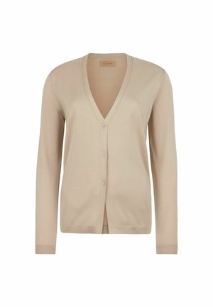 Beige cardigan i blødt stof, med V-hals, lange ærmer og fem-knaps lukning, lige kant og subtil struktur.