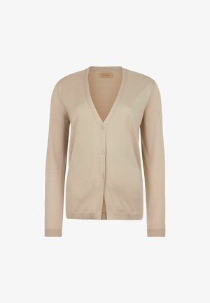 Beige cardigan i blødt stof, med V-hals, lange ærmer og fem-knaps lukning, lige kant og subtil struktur.