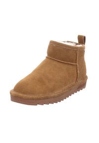 Braune Wildleder-Ankle-Boots mit einem weichen Futter aus Fell, runder Zehenpartie und einer strukturierten Gummisohle. Verfügt über einen kurzen Schaft und eine Zuglasche auf der Rückseite.
