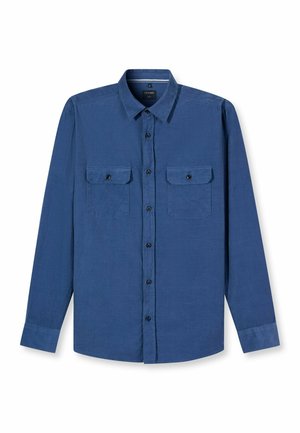 Blaues Langarmhemd aus strukturiertem Stoff, mit durchgehender Knopfleiste, zwei Brusttaschen und klassischem Kragen.
