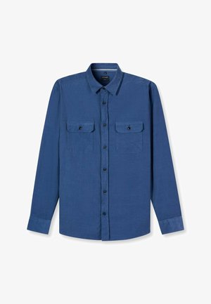 Blaues Langarmhemd aus strukturiertem Stoff, mit durchgehender Knopfleiste, zwei Brusttaschen und klassischem Kragen.
