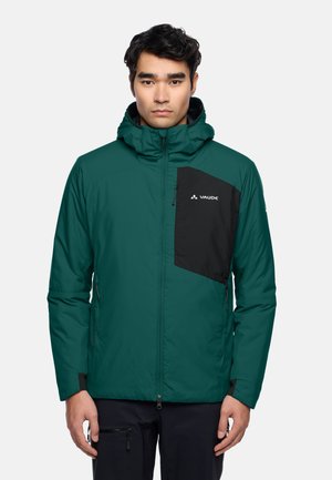 Teal geïsoleerde jas met een zwarte voorzak, ritsluiting en verstelbare capuchon. Gemaakt van lichtgewicht, weerbestendig materiaal.