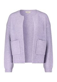 Cardigan lavande clair en tissu côtelé, avec un col rond, une ouverture devant et deux poches avant. Texture douce avec une coupe décontractée.