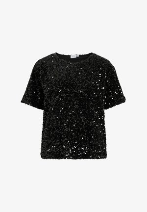 Musthave lühikeste varrukatega must särk, kaetud sädelevate flitteritega, ümmarguse kaelusega ja lõdva lõikega, mis loob tekstuurse ja sädeleva välimuse.