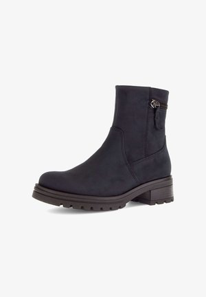 Schwarze Leder-Ankle Boots mit strukturierter Oberfläche, seitlichem Reißverschluss und einer robusten Gummisohle. Verfügt über einen niedrigen Blockabsatz und minimale Nähedetails.