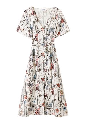 Floral wrap dress in lightweight fabric, featuring short sleeves, a v-neckline, and a waist belt. Design includes multicolored flower patterns.