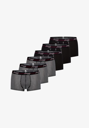 Set of six men's boxer briefs, three solid black and three black with white vertical stripes, all with black waistbands branded "sloggi" in white and red.