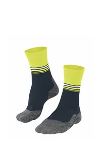 Sportowe skarpetki z jasnoniebieską mankietą, granatowym korpusem i szarym dnem, zaprojektowane z białymi i czarnymi paskami na górze.