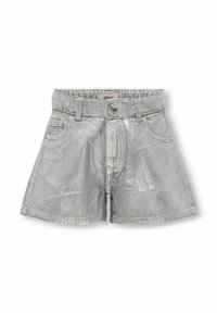 Stříbrné denimové šortky s lesklým povrchem. Mají klasický pas, přední kapsy a zapínání na knoflík. Upravená délka do poloviny stehen.