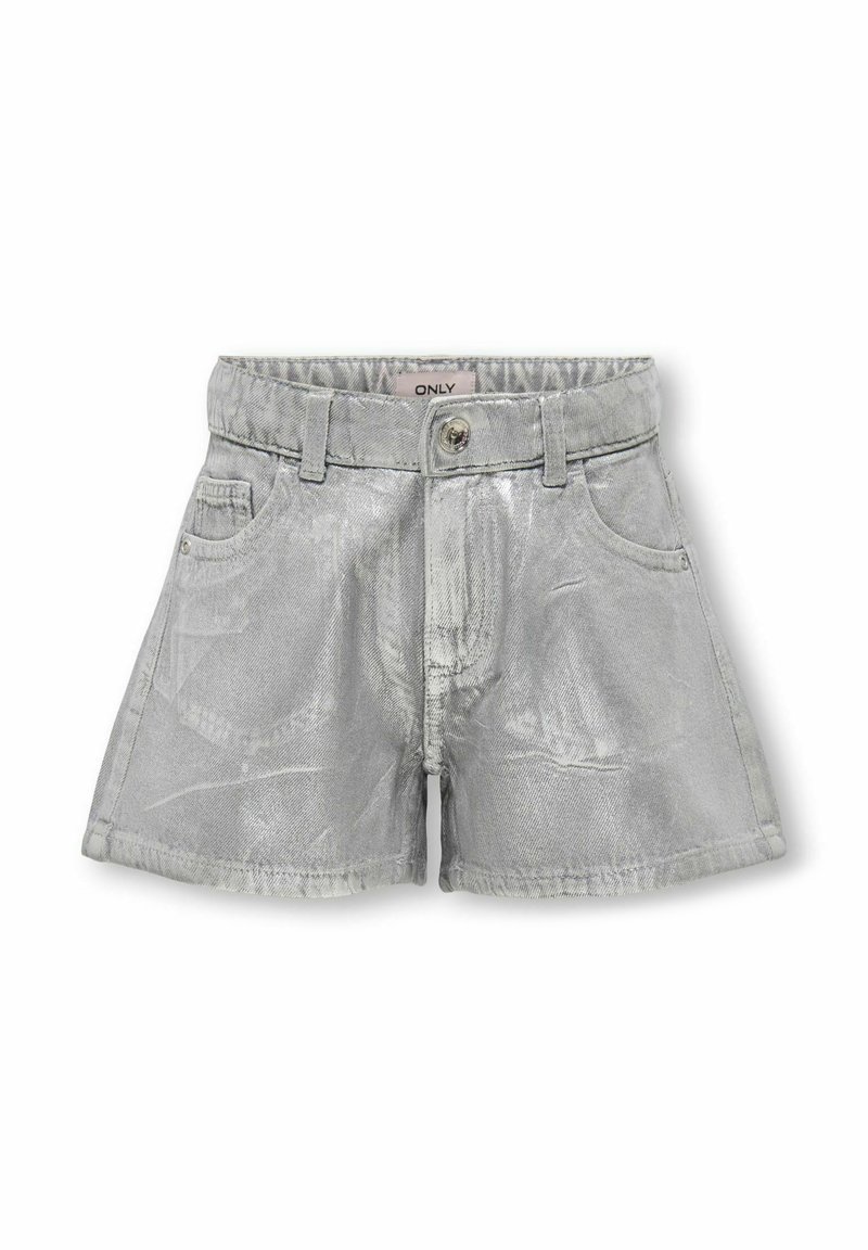 Stříbrné denimové šortky s lesklým povrchem. Mají klasický pas, přední kapsy a zapínání na knoflík. Upravená délka do poloviny stehen.