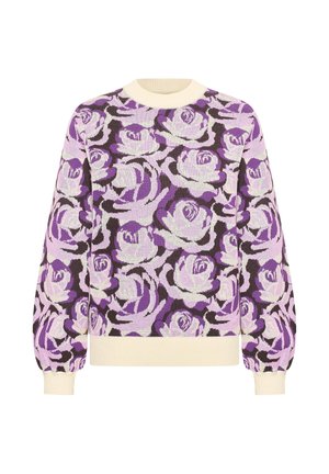 Maglione con motivo di rose viola e lavanda, colletto a girocollo a coste crema, polsini e orlo, maniche lunghe a palloncino.