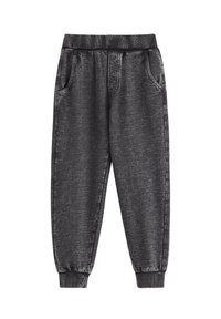 Pantaloni jogger in denim nero con vita elastica, tasche laterali, orli affusolati e una finitura testurizzata. Progettati per il comfort e per un look casual.
