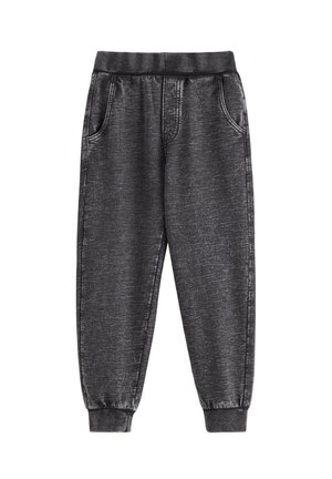 Sorte denim joggerbukser med elastisk talje, sidelommer, tapered manchetter og en tekstureret finish. Designet til komfort og afslappet brug.