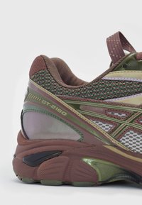 Scarpa da corsa con una tomaia in mesh marrone e verde, tallone testurizzato, dettagli riflettenti e suola ammortizzata. Nome del modello "GT-2160" visibile.