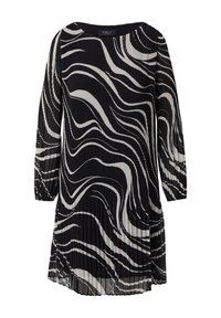 Abito pieghettato in bianco e nero con motivo a onde, collo rotondo e maniche a tre quarti. Tessuto leggero con un design fluido.