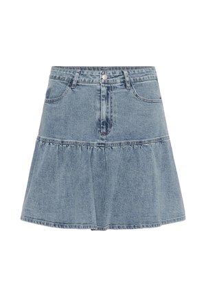 Minigonna in denim con chiusura frontale a bottoni e zip, due tasche anteriori, passanti per cintura e un dettaglio di cucitura arricciata vicino all'orlo.