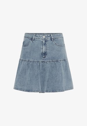 Denim mini skirt with front button and zip closure, two front pockets, belt loops, and a gathered seam detail near the hem.