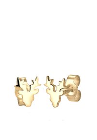 Guldtonede stud øreringe formet som hjortehoveder med gevir. Glat overflade, poleret finish og et underspillet design.