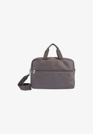 Szara prostokątna torba na laptopa z dwoma uchwytami, przednią kieszenią na suwak i odpinanym paskiem na ramię, oznaczona logo "JOOP! JEANS".