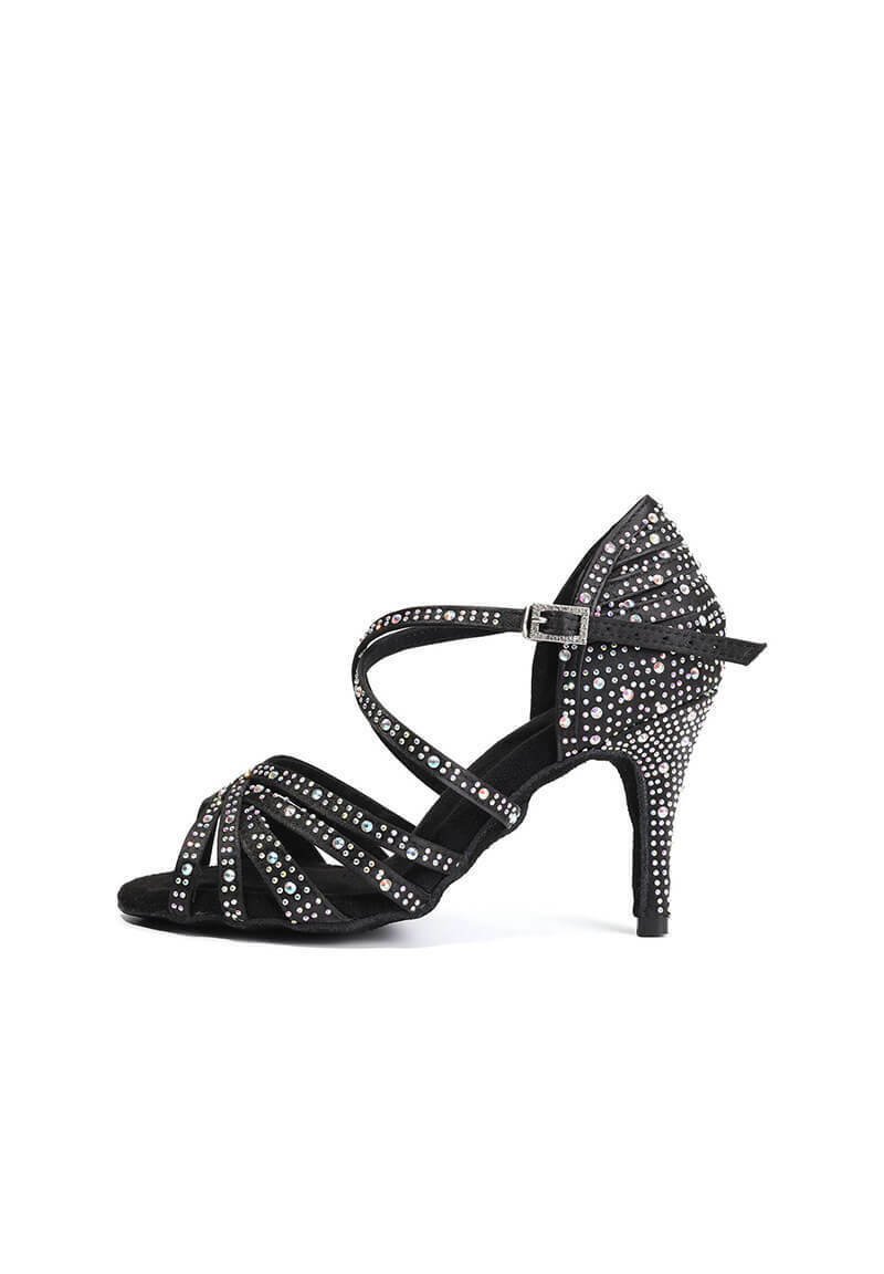 Black suede high heel sandal with crisscross straps, embellished with colorful rhinestones, featuring a pointed toe and a 3-inch heel.