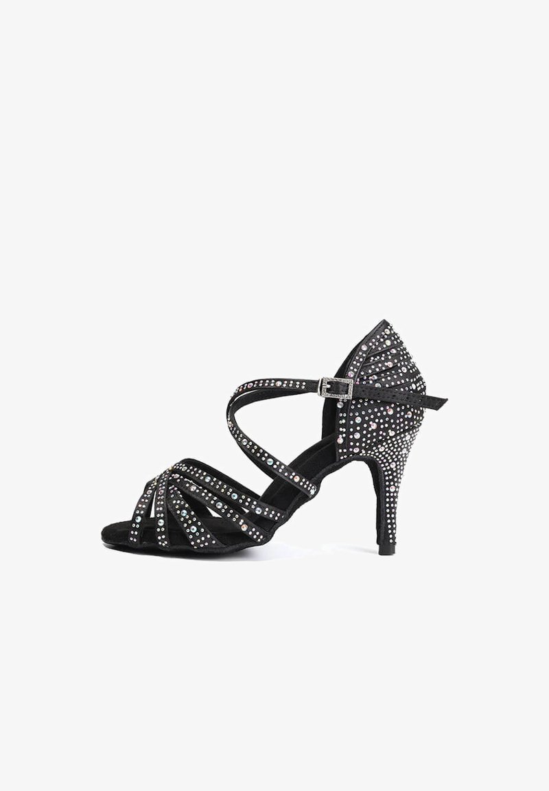 Czarne zamszowe sandały na wysokim obcasie z krzyżującymi się paskami, ozdobione kolorowymi cyrkoniami, z ostrym noskiem i 3-calowym obcasem.