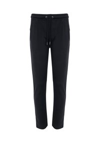 Schwarze Jogginghose aus weichem Stoff mit elastischem Bund und Kordelzug. Verfügt über Seitentaschen und ein schmal zulaufendes Bein-Design.