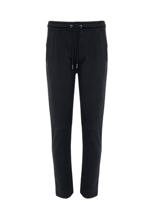 Pantalons de jogging noirs en tissu doux avec une taille élastique et un cordon de serrage. Dotés de poches latérales et d'un design de jambe fuselée.