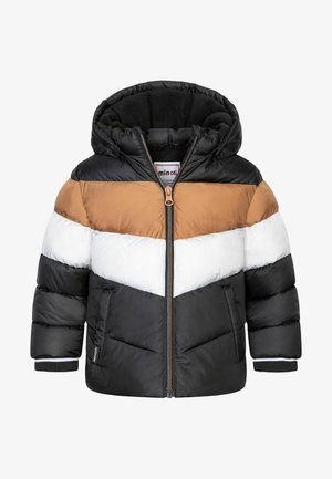 Doudoune color-block pour enfants en noir, blanc et marron, avec capuche, fermeture éclair à l'avant et deux poches latérales.