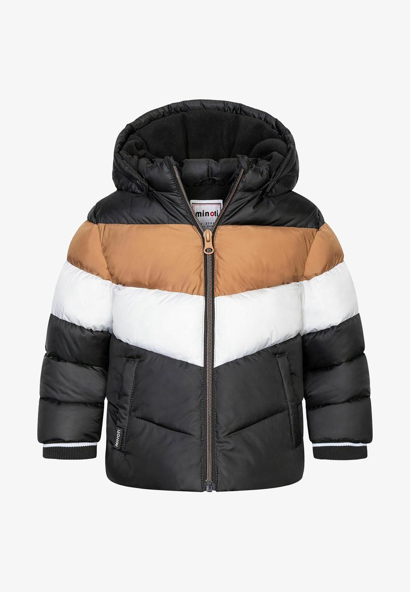 Doudoune color-block pour enfants en noir, blanc et marron, avec capuche, fermeture éclair à l'avant et deux poches latérales.