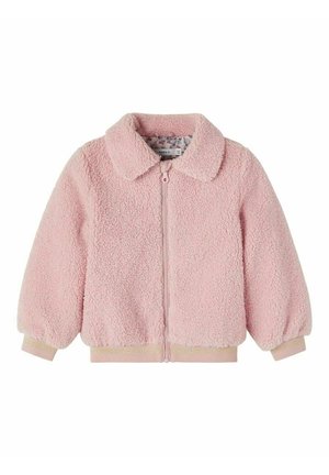 Veste polaire rose douce avec fermeture éclair devant, col arrondi, poignets et bas élastiques, conçue pour les enfants.