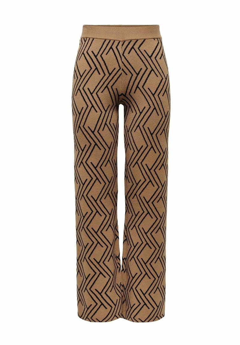 Pantaloni lavorati a maglia marroni con un motivo a zigzag nero. Vita alta e design a gamba larga, che mostra un tessuto texturizzato.