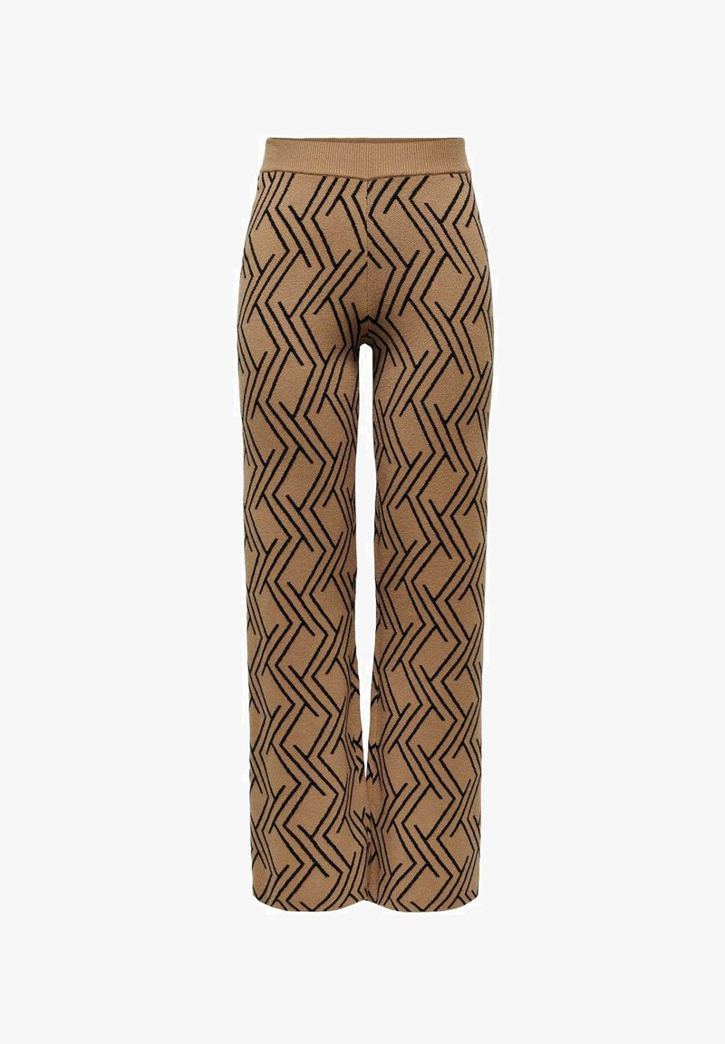 Pantaloni lavorati a maglia marroni con un motivo a zigzag nero. Vita alta e design a gamba larga, che mostra un tessuto texturizzato.