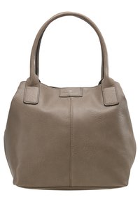 Hnědá kožená kabelka s texturovaným povrchem, zaobleným tvarem, dvěma horními uchy a značkovou visačkou. Přibližné rozměry: 30 cm na výšku.