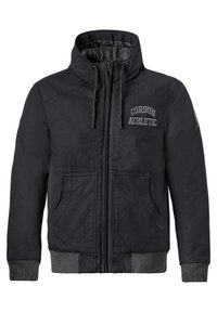 Schwarze Sportjacke mit hohem Kragen, Reißverschluss und Fronttaschen; mit "Cordon Athletic"-Text sowie grauen Rippbündchen und Saum.