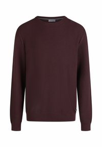 Männer Pullover mit langen Ärmeln aus marmoriertem, strukturiertem Strick in Weinrot mit Rundhalsausschnitt sowie gerippten Bündchen und Saum, auf einem weißen Hintergrund präsentiert.