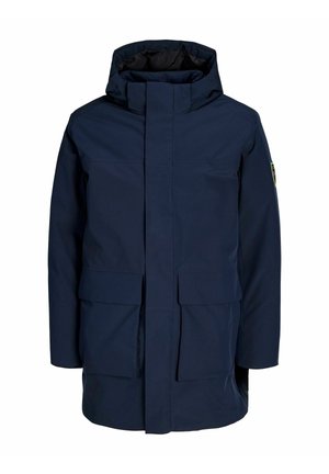 Navy blue waterproof parka jacket, featuring a high collar, front zip closure, two large patch pockets, and a smooth, textured fabric.