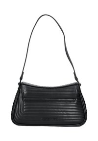 Sort quiltet skuldertaske med en enkelt rem, rektangulær form og klaplukning, mærket med "Steve Madden" på forsiden.