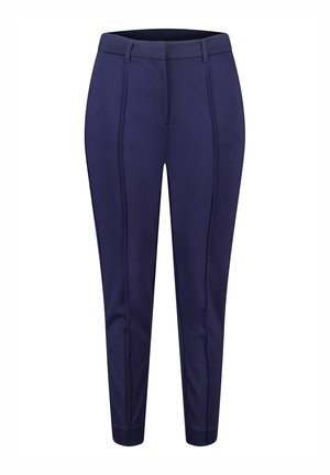 Marineblauwe op maat gemaakte broek met een slim fit, een gladde textuur en details van een middenplooid voor een nette uitstraling. Standaard tailleband met riemlussen.